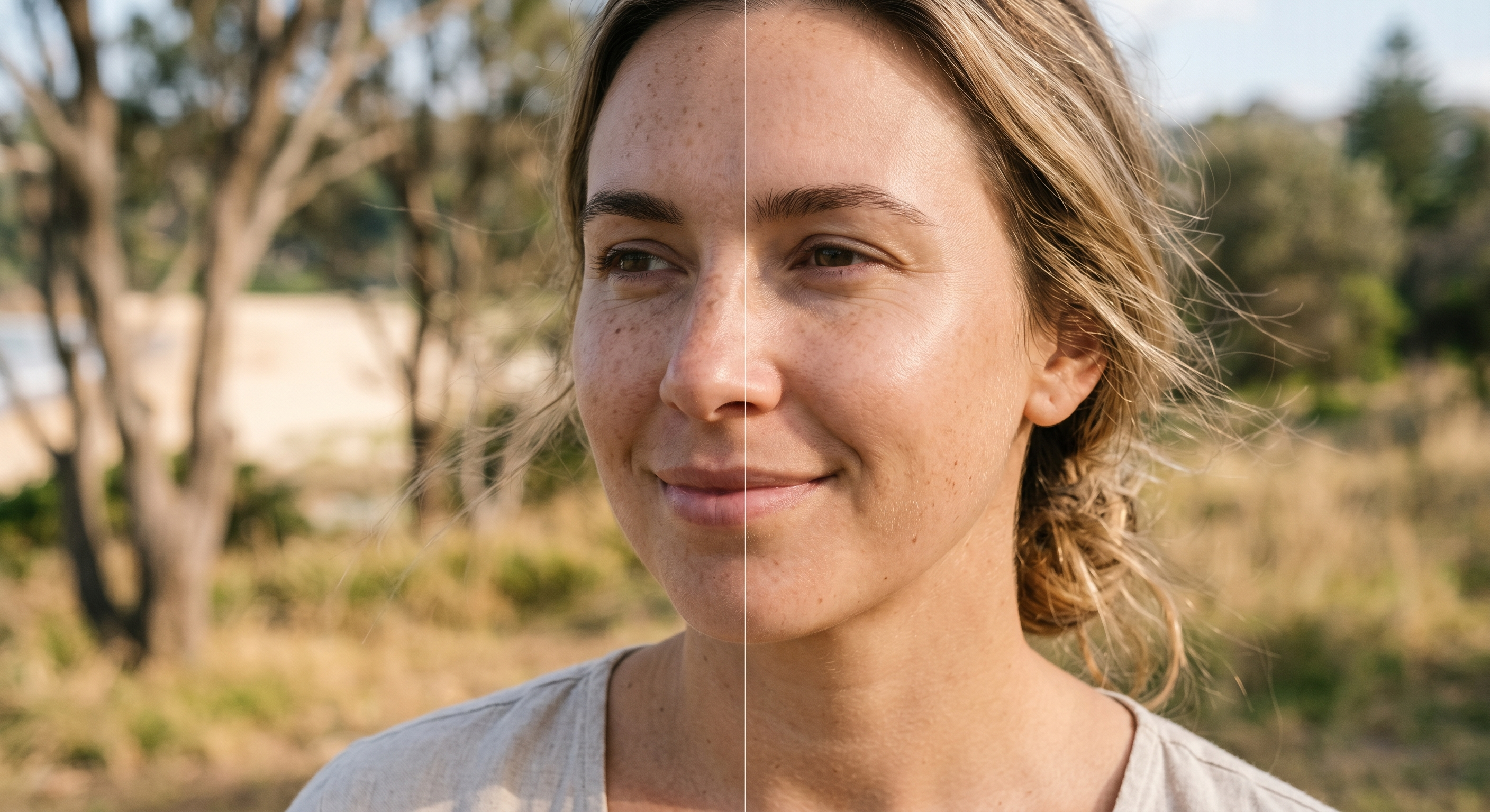 Close-up of a person’s cheek with a natural split comparison, left side showing uneven skin tone.